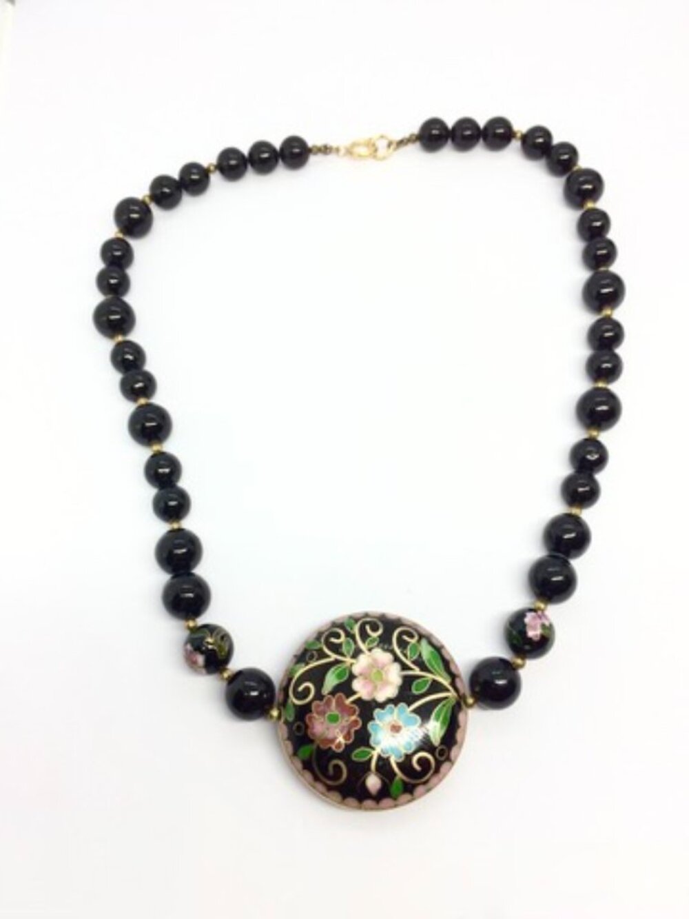 VINTAGE CLOISONNE NECKLACE Black Bead Floral Pendant Gold Tone Statement 22in - Picture 6 of 16